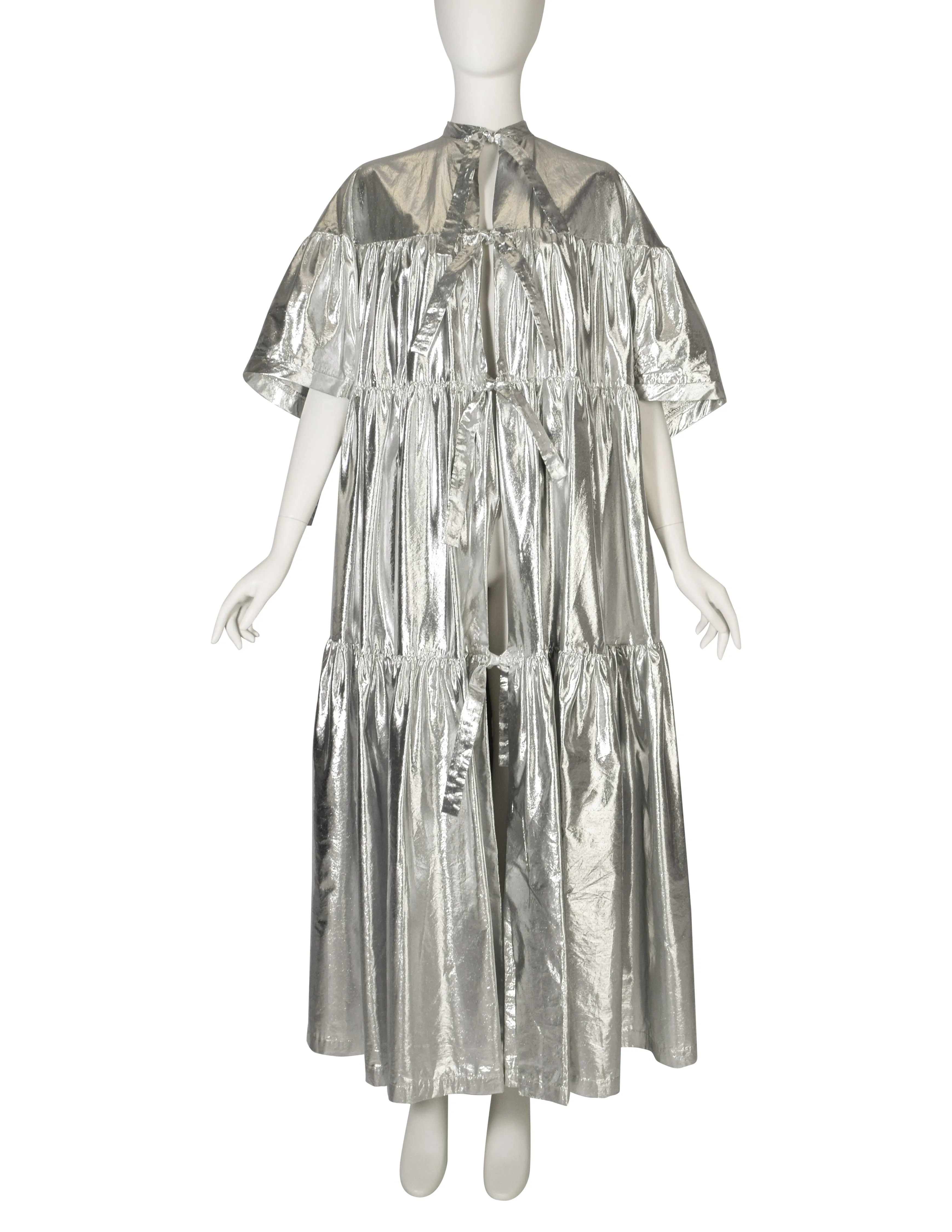 1980s Vintage Metallic Silver Lame Tiered Tie Front Duster