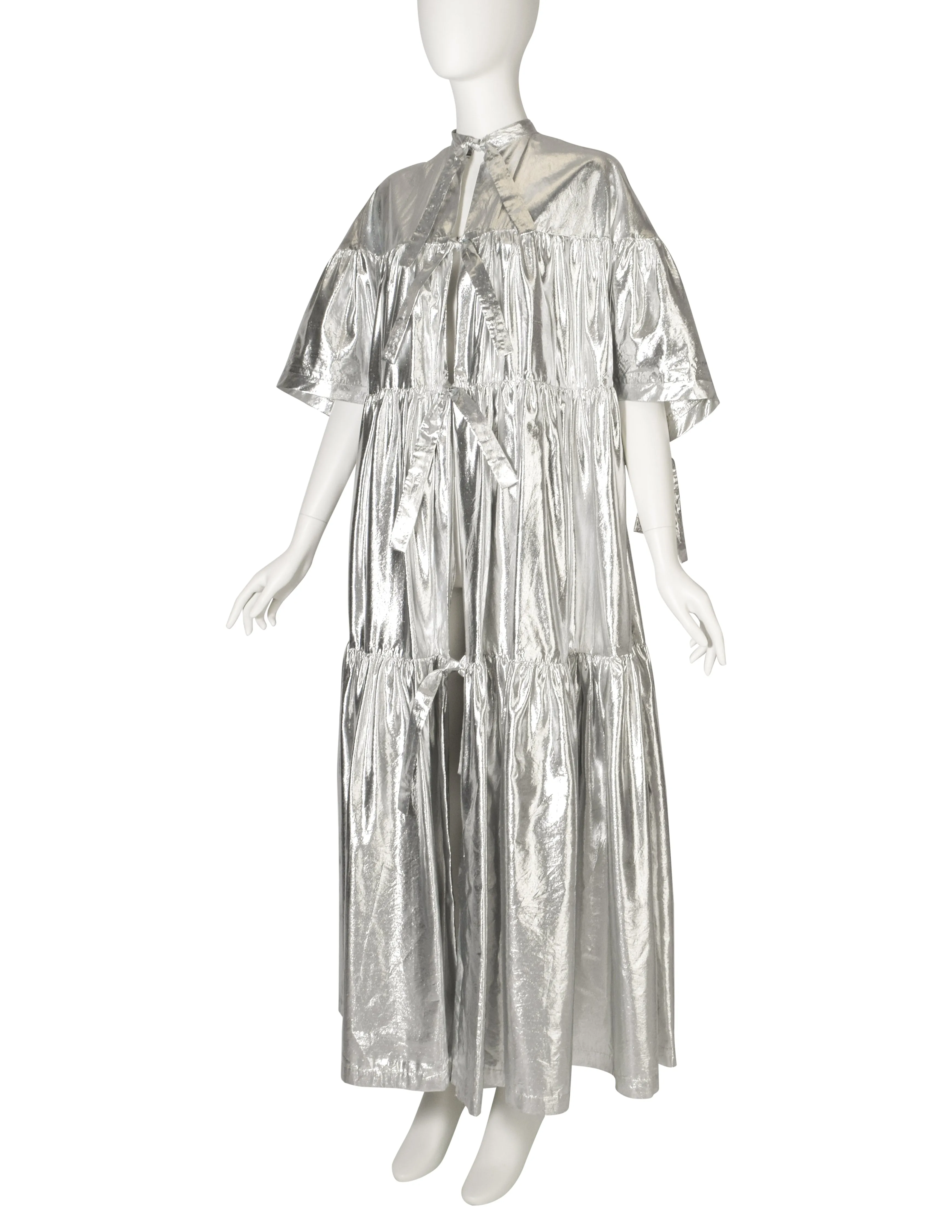 1980s Vintage Metallic Silver Lame Tiered Tie Front Duster