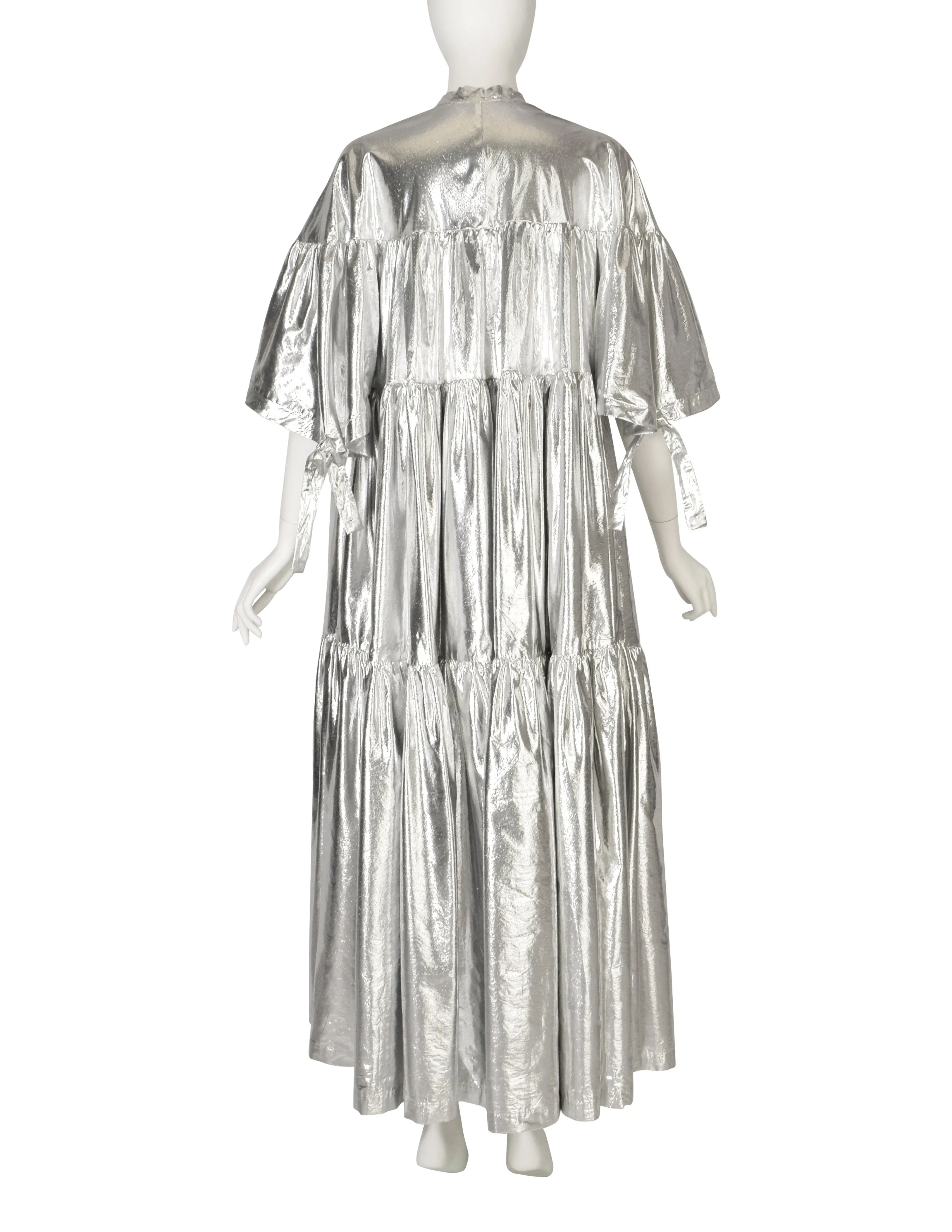 1980s Vintage Metallic Silver Lame Tiered Tie Front Duster