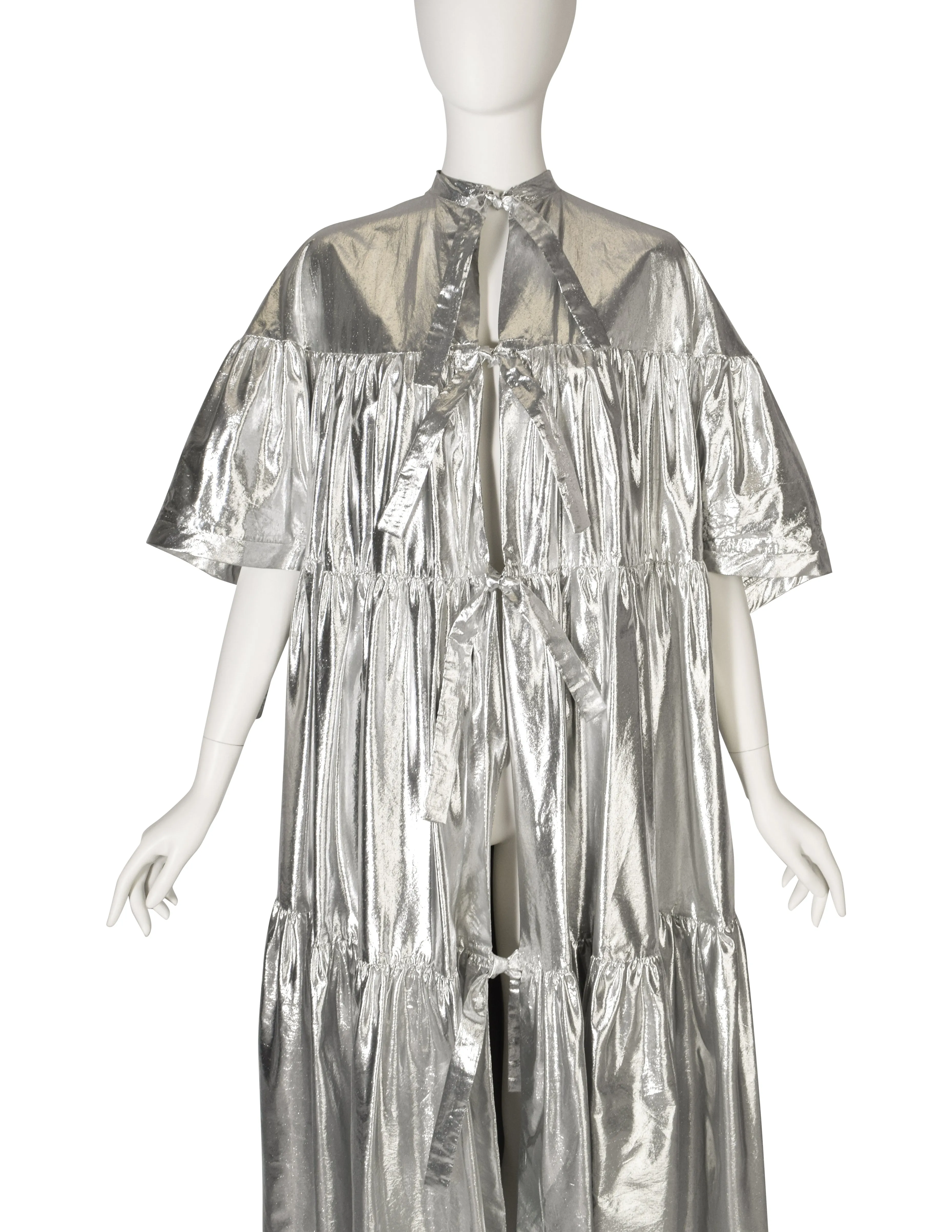 1980s Vintage Metallic Silver Lame Tiered Tie Front Duster