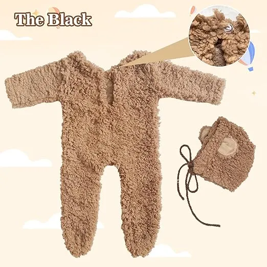 Babymoon Set of 2 | Fleece Suit with Infant Baby Bear Cap Hat | Baby Photography Props Costume | Baby Gift Set | 0-1Yr | Brown