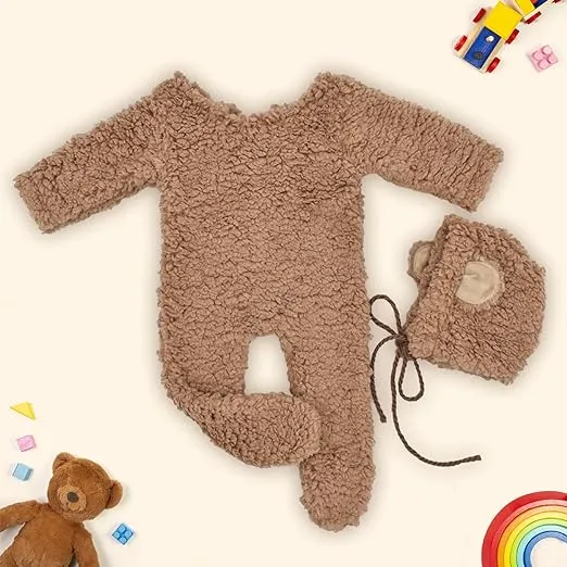 Babymoon Set of 2 | Fleece Suit with Infant Baby Bear Cap Hat | Baby Photography Props Costume | Baby Gift Set | 0-1Yr | Brown