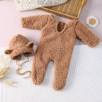 Babymoon Set of 2 | Fleece Suit with Infant Baby Bear Cap Hat | Baby Photography Props Costume | Baby Gift Set | 0-1Yr | Brown