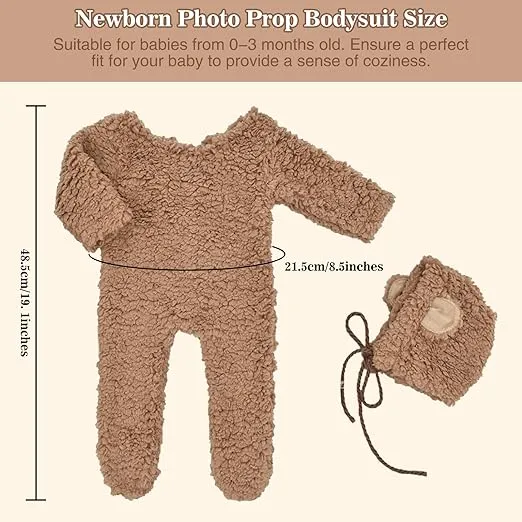 Babymoon Set of 2 | Fleece Suit with Infant Baby Bear Cap Hat | Baby Photography Props Costume | Baby Gift Set | 0-1Yr | Brown