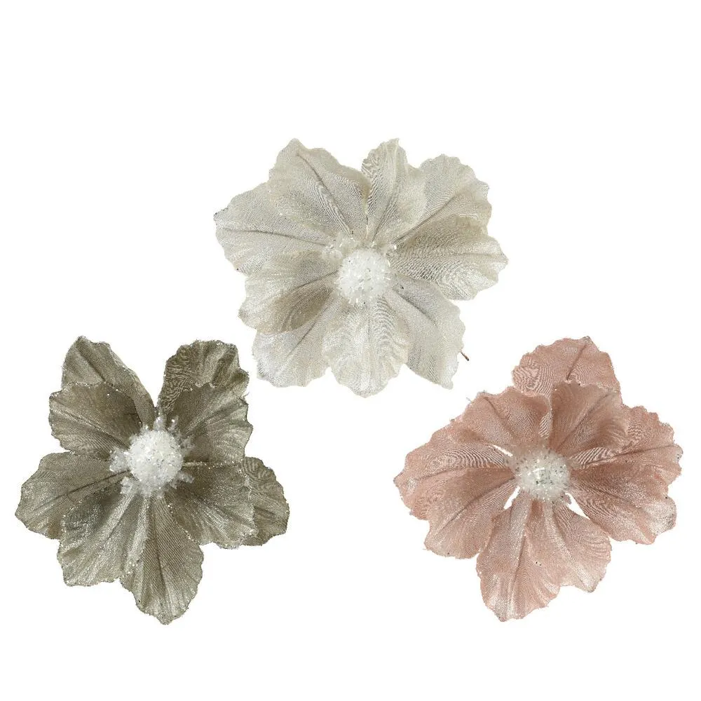 Decoris Clip-On Polyester Flower with Glitter 11cm - 3 Assorted Colours