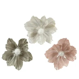 Decoris Clip-On Polyester Flower with Glitter 11cm - 3 Assorted Colours