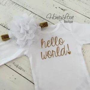 Hello World! Gold Glitter bodysuit and headband set