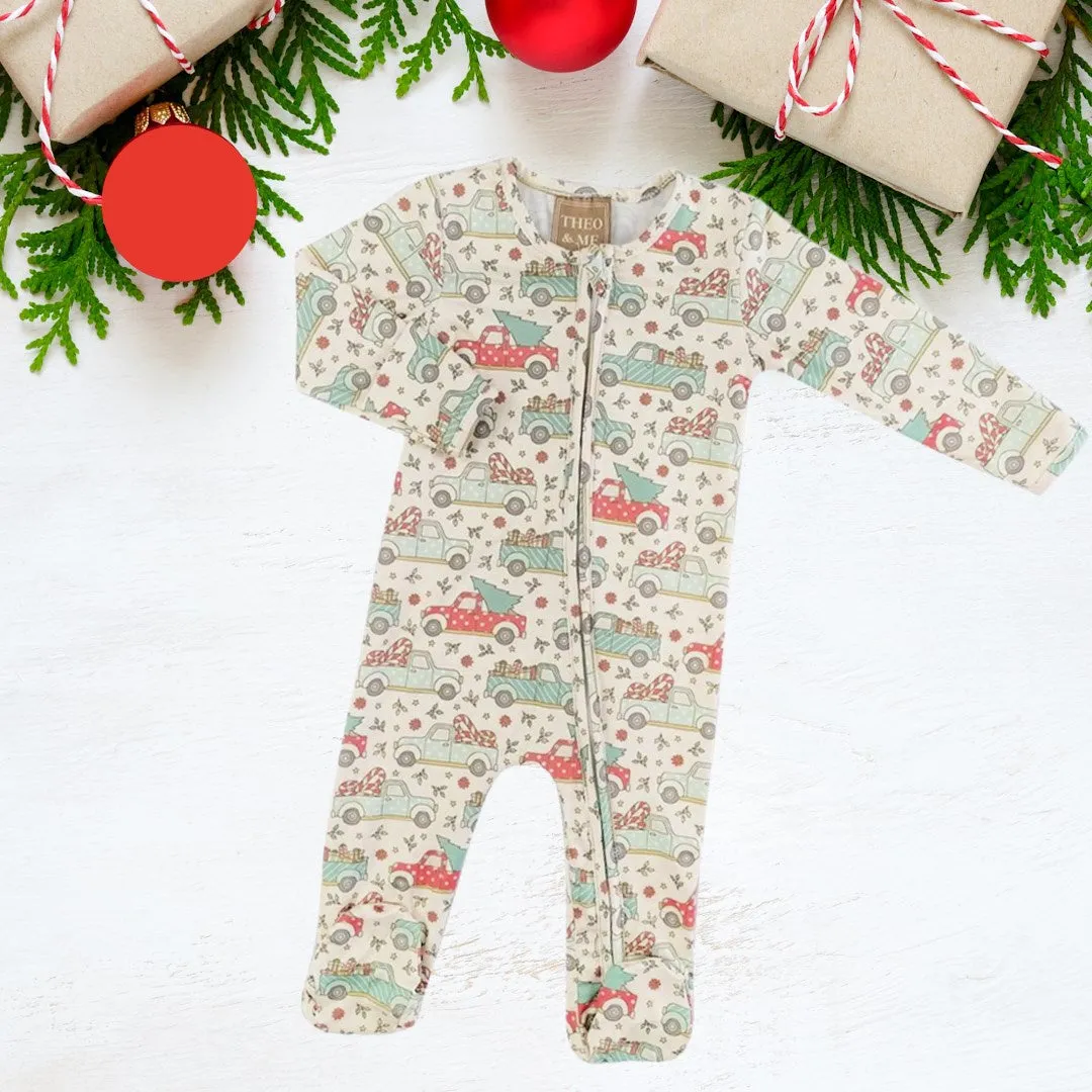 Holiday Baby Zippies Sleepers - Beige Vintage Trucks & Trees