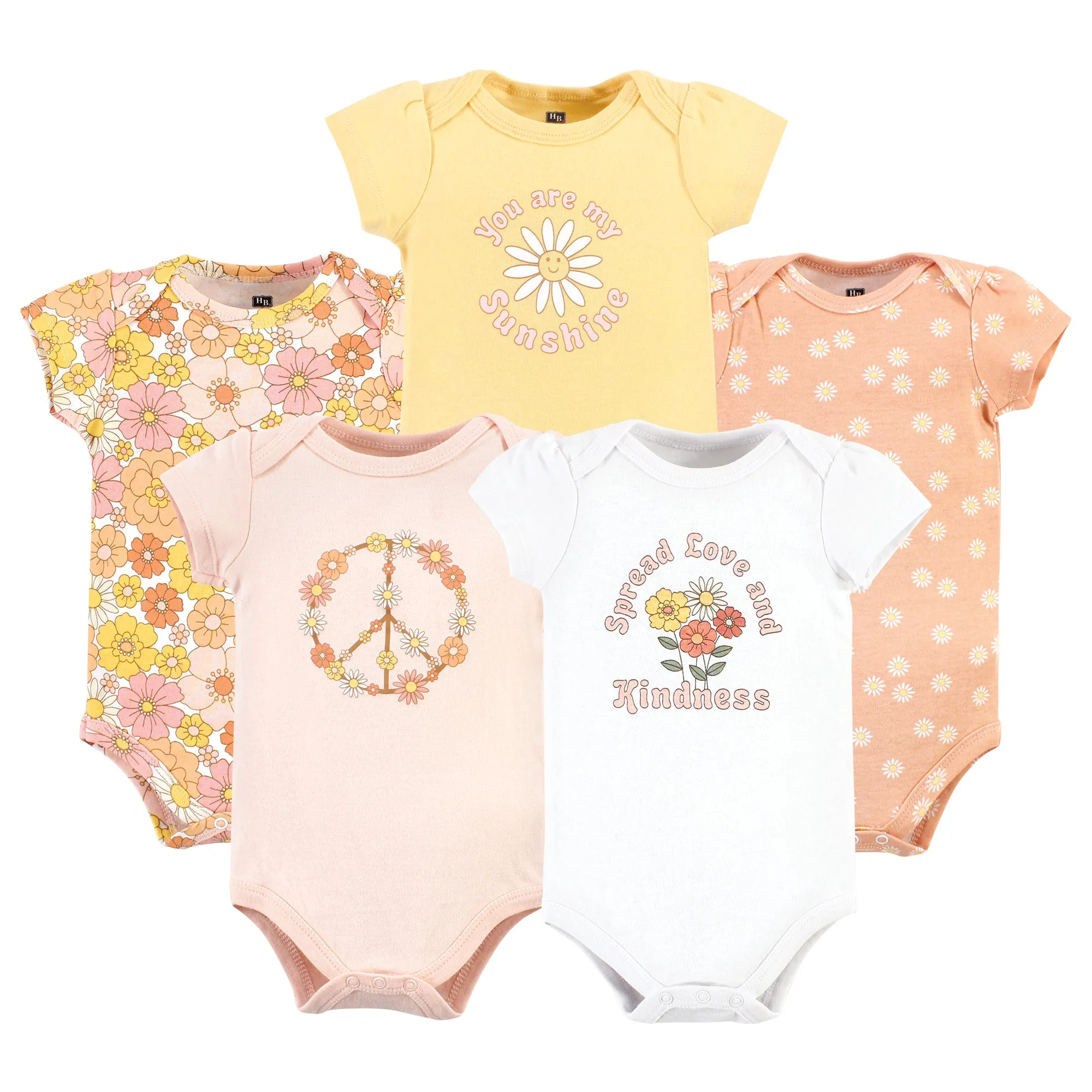 Hudson Baby Cotton Bodysuits, Peace Love Flowers 5 Pack