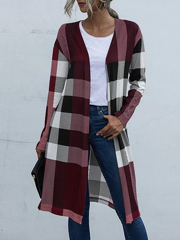 Long Sleeves Loose Plaid Collarless Outerwear