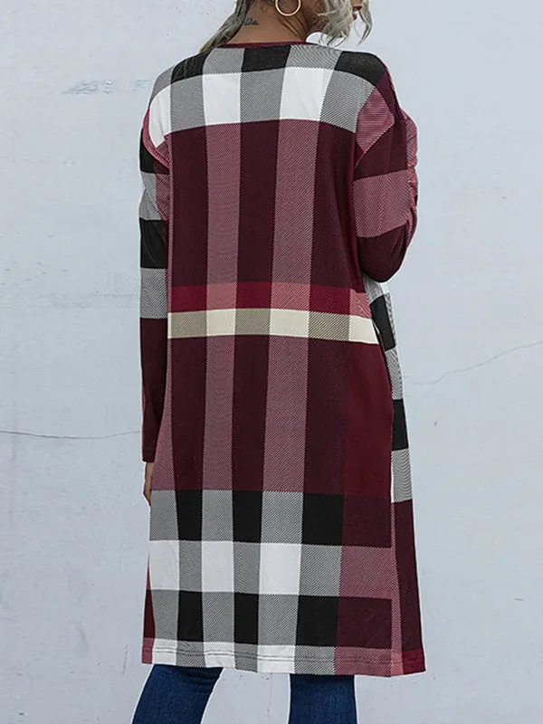 Long Sleeves Loose Plaid Collarless Outerwear