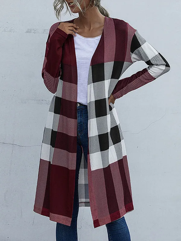 Long Sleeves Loose Plaid Collarless Outerwear