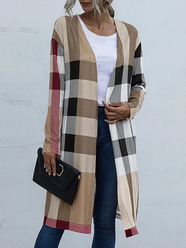 Long Sleeves Loose Plaid Collarless Outerwear