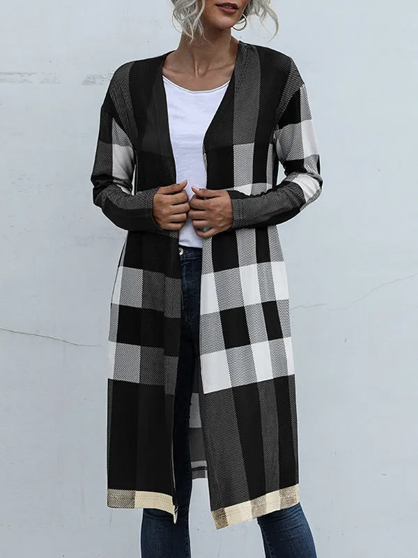 Long Sleeves Loose Plaid Collarless Outerwear