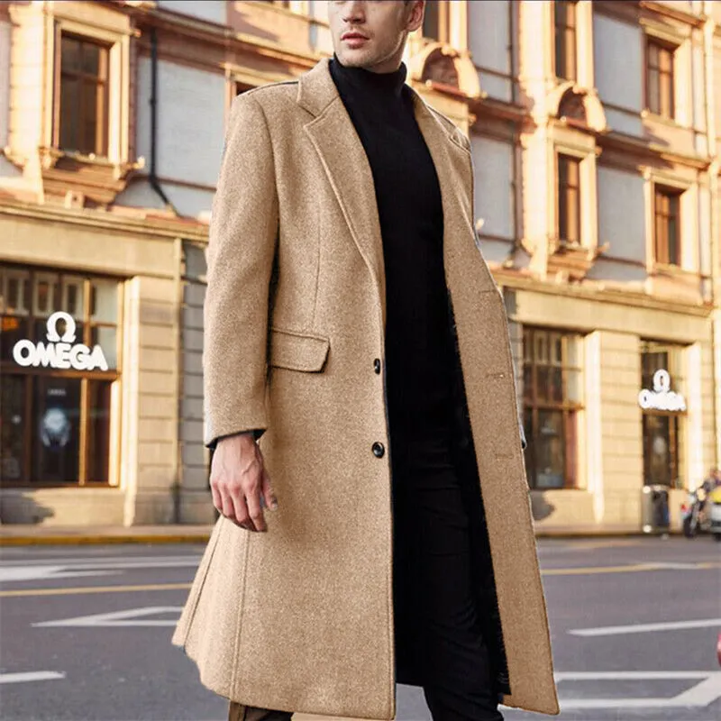 Men's Fashion Business Style Long Single-breasted Lapel Overcoat