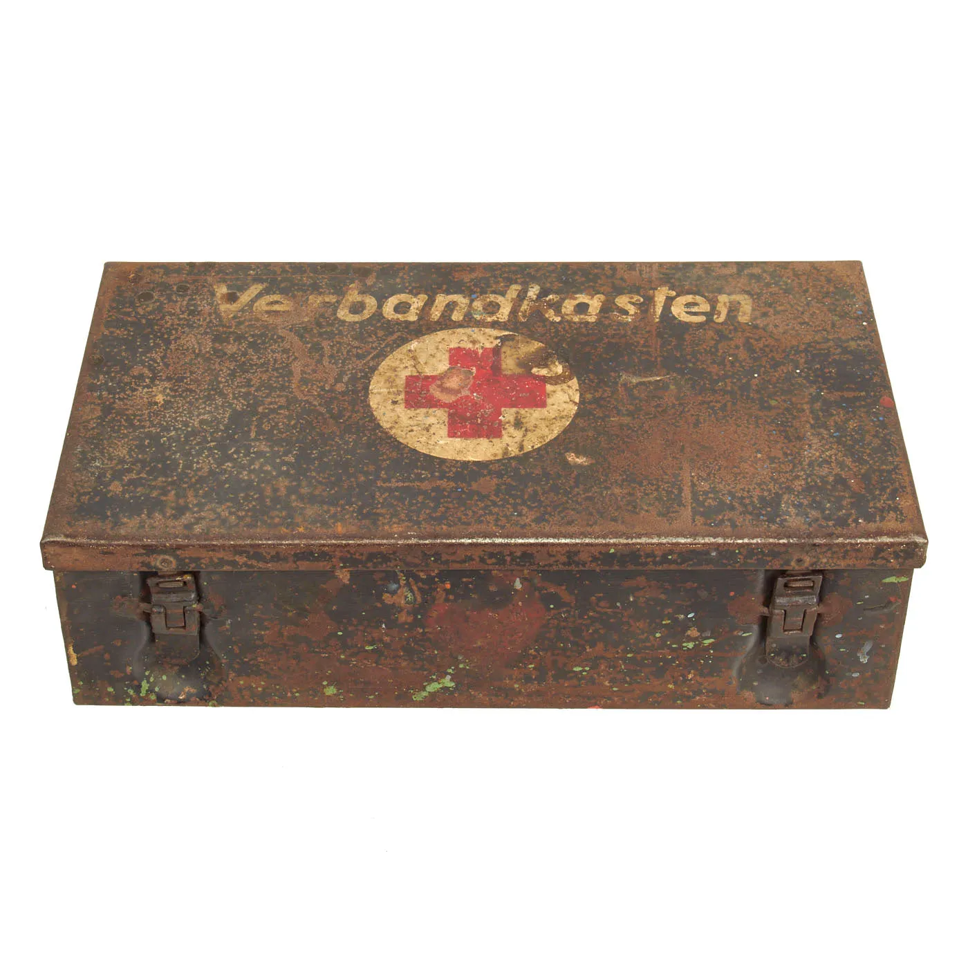 Original German WWII Verbandkasten Medic First Aid Set in Gray Blue Steel Chest with 1942 Dated Label