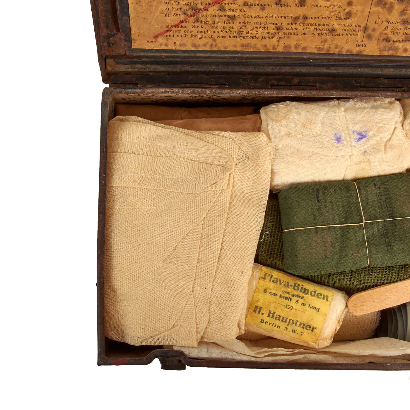 Original German WWII Verbandkasten Medic First Aid Set in Gray Blue Steel Chest with 1942 Dated Label