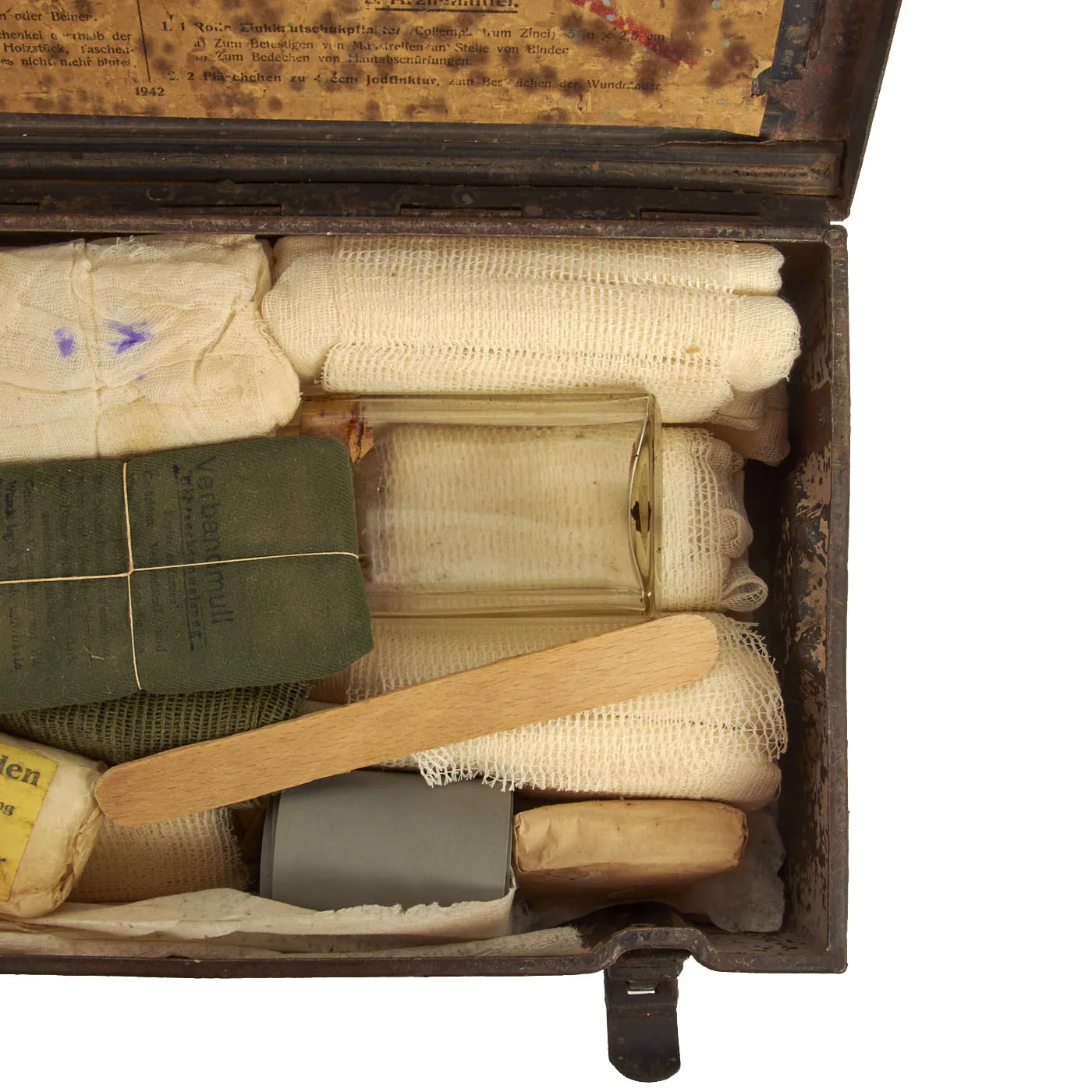 Original German WWII Verbandkasten Medic First Aid Set in Gray Blue Steel Chest with 1942 Dated Label