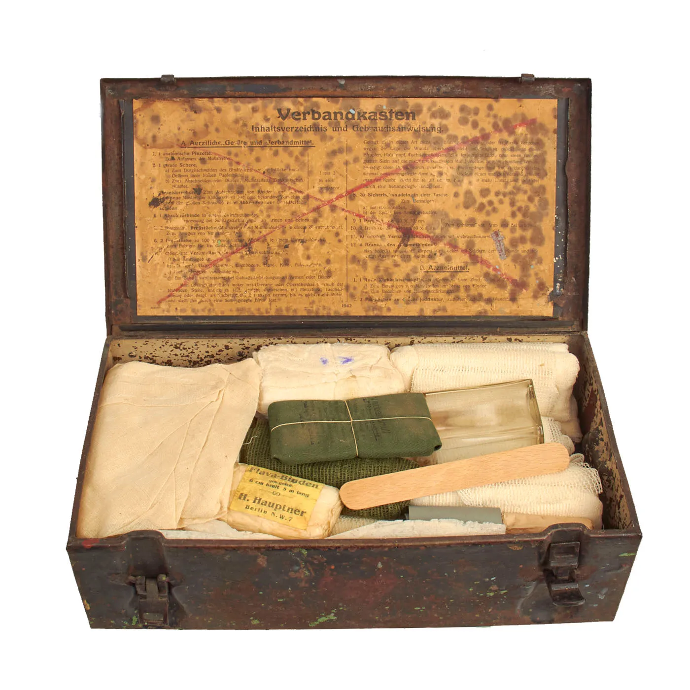 Original German WWII Verbandkasten Medic First Aid Set in Gray Blue Steel Chest with 1942 Dated Label