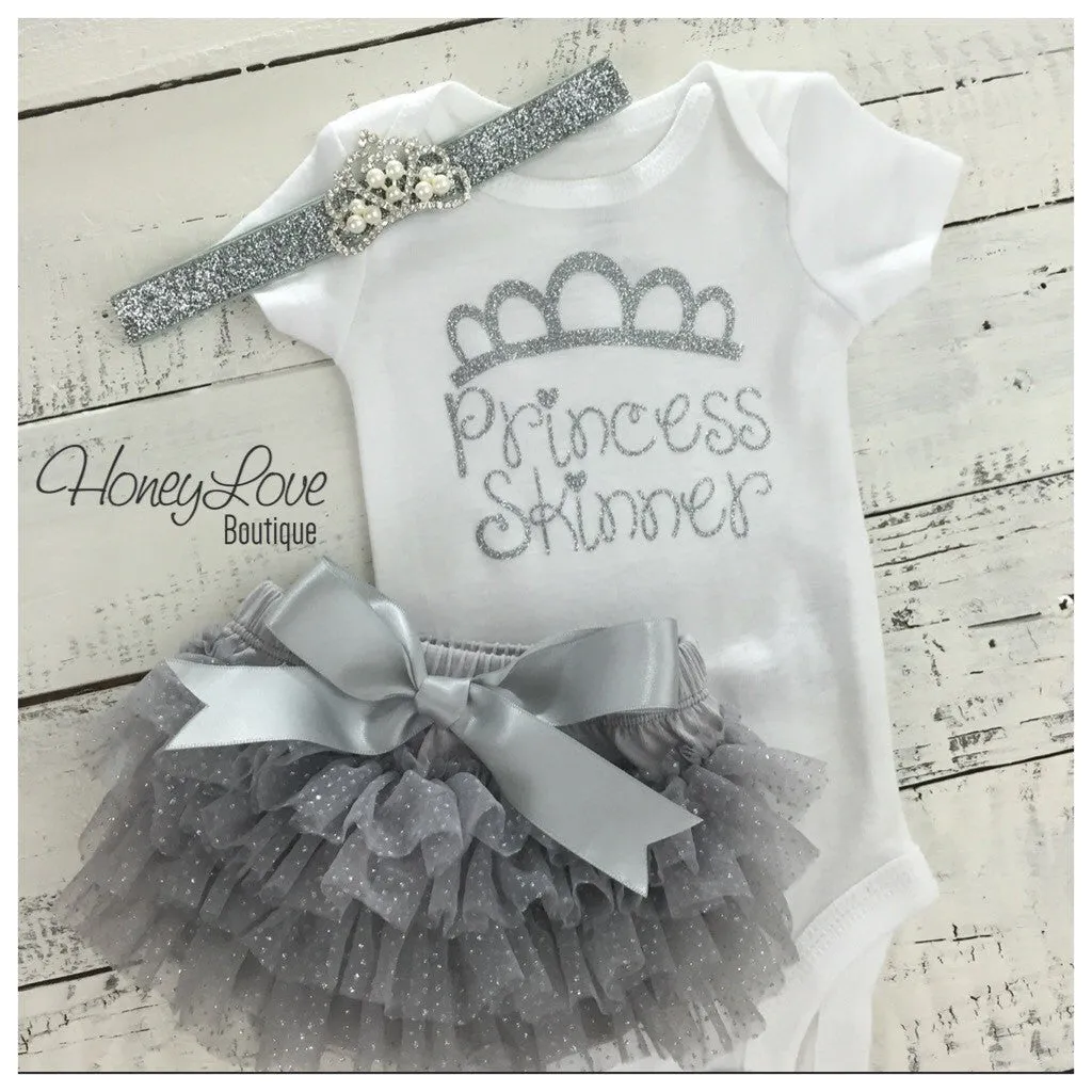 Personalized Princess name outfit - Silver Glitter and Gray/Silver Glitter tutu skirt bloomers