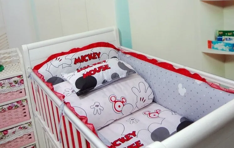 Promotion! Mickey Mouse 3-7pcs Cot Linen Baby Bedding Sets Baby Girl Bedding Set