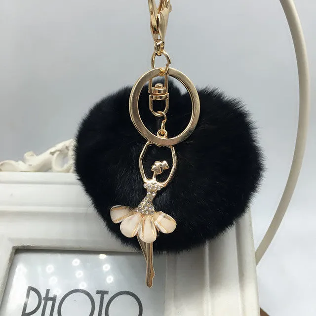 Rabbit fur hair chain plush ball rhinestone ball pom pom toys girls bags ring pendant toy for bag decoration