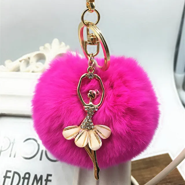 Rabbit fur hair chain plush ball rhinestone ball pom pom toys girls bags ring pendant toy for bag decoration