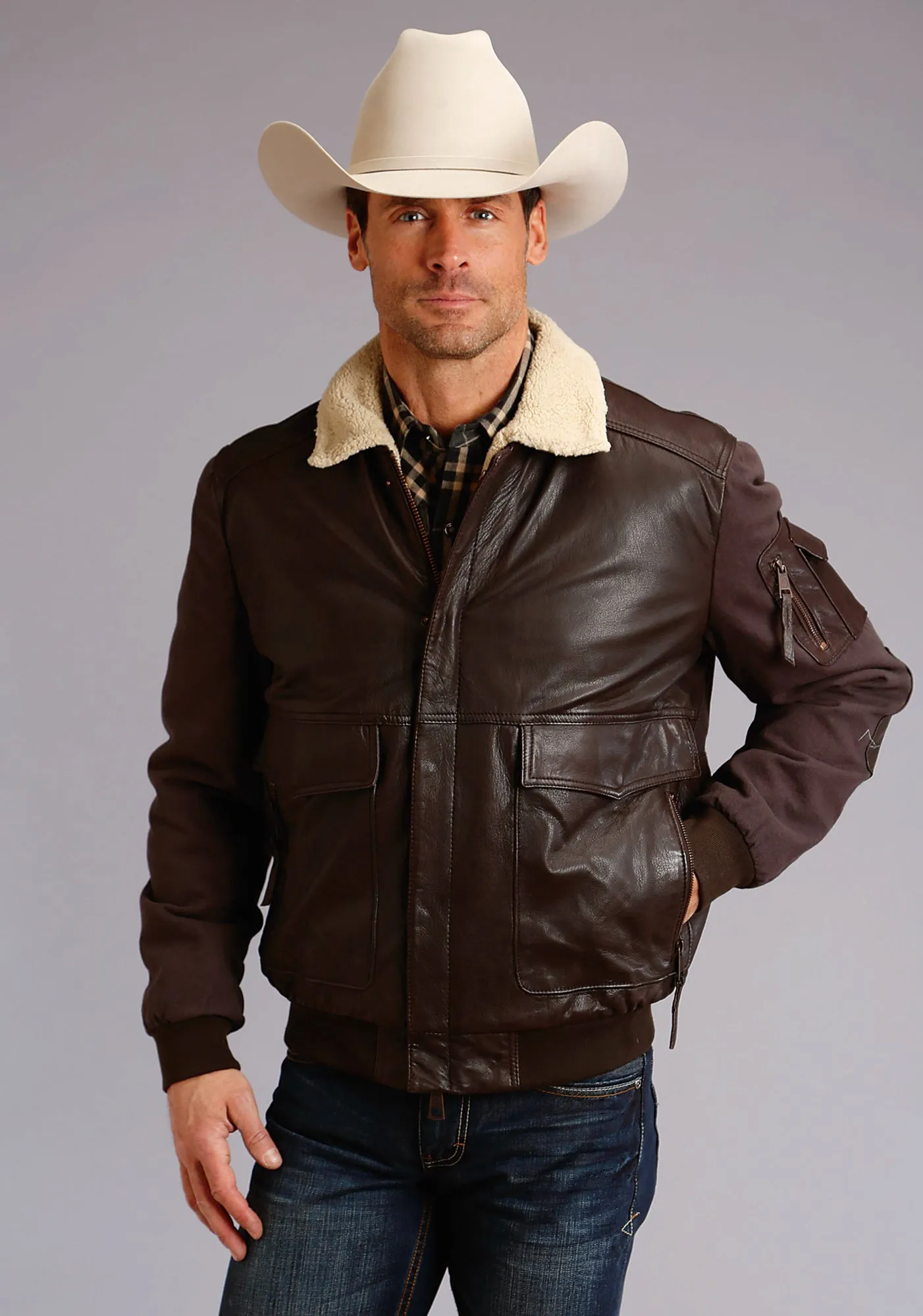 Stetson Mens Dark Brown Leather Canvas Bomber Jacket