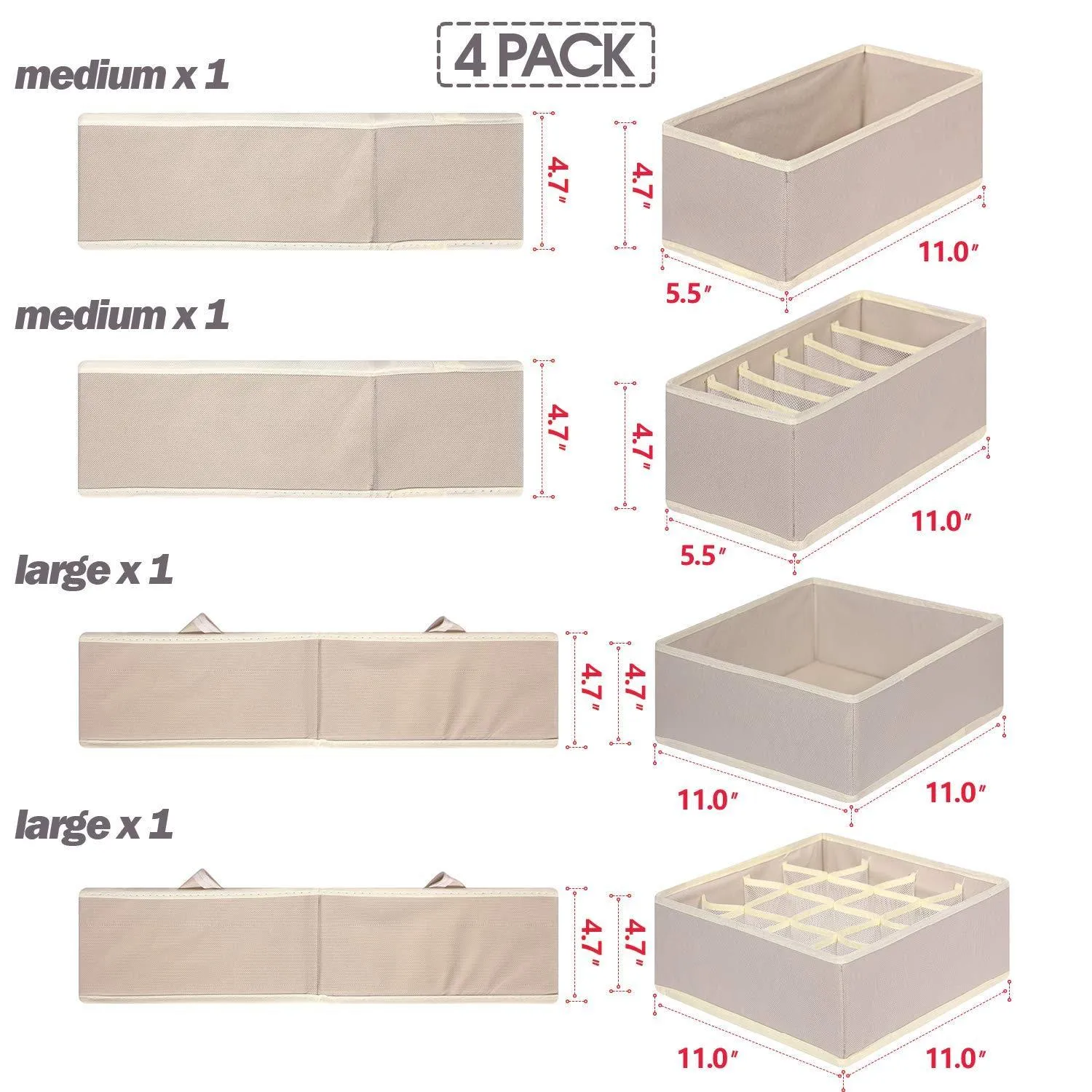 TENABORT Foldable Drawer Organizer Dividers Cloth Storage Box Closet Dresser Organizer Cube Fabric Containers Basket Bins for Underwear Bras Socks Panties Lingeries Nursery Baby Clothes Beige 4 Pack