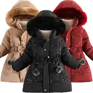 Thick Keep Warm Winter Girls Jacket Detachable Hat Plush Collar Hooded