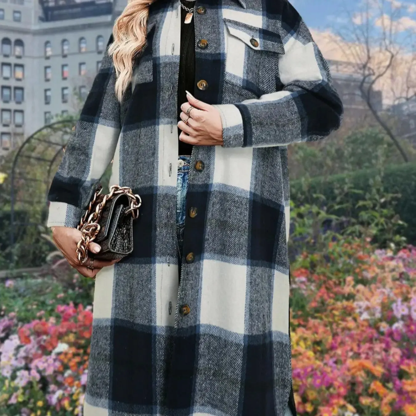 Women's Plaid Print Button Down Casual Coat