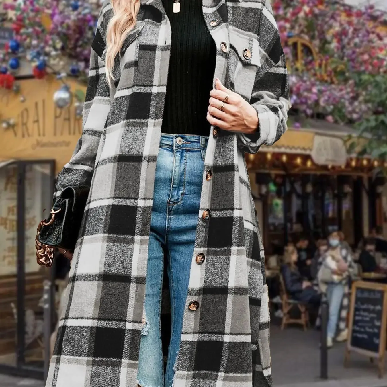 Women's Plaid Print Button Down Casual Coat