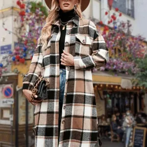 Women's Plaid Print Button Down Casual Coat