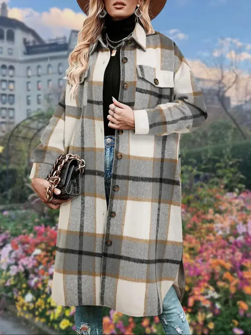 Women's Plaid Print Button Down Casual Coat