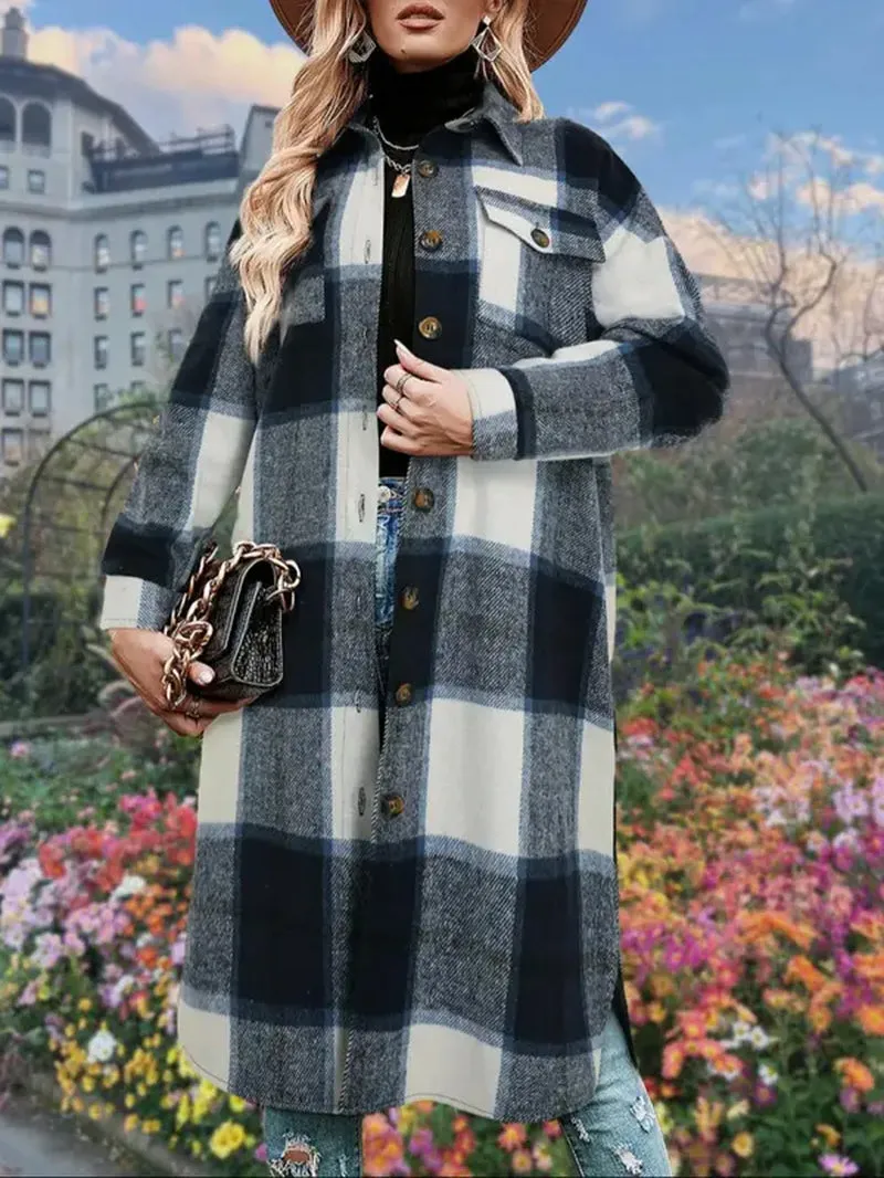 Women's Plaid Print Button Down Casual Coat