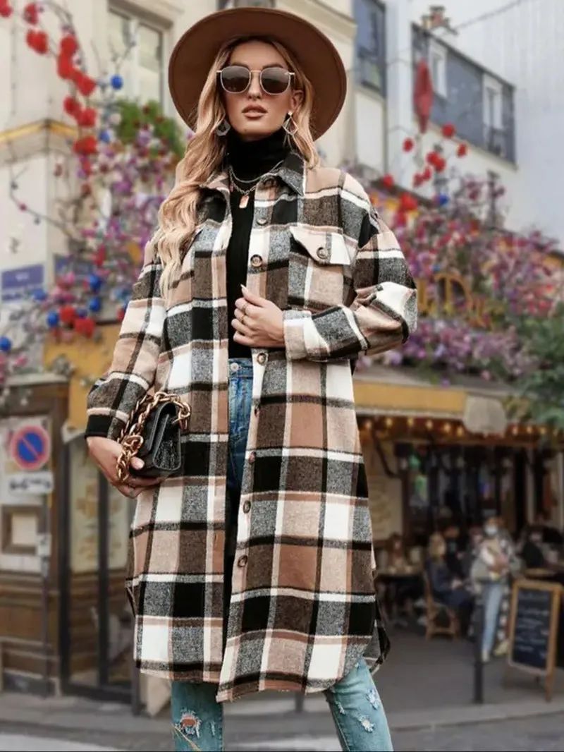 Women's Plaid Print Button Down Casual Coat